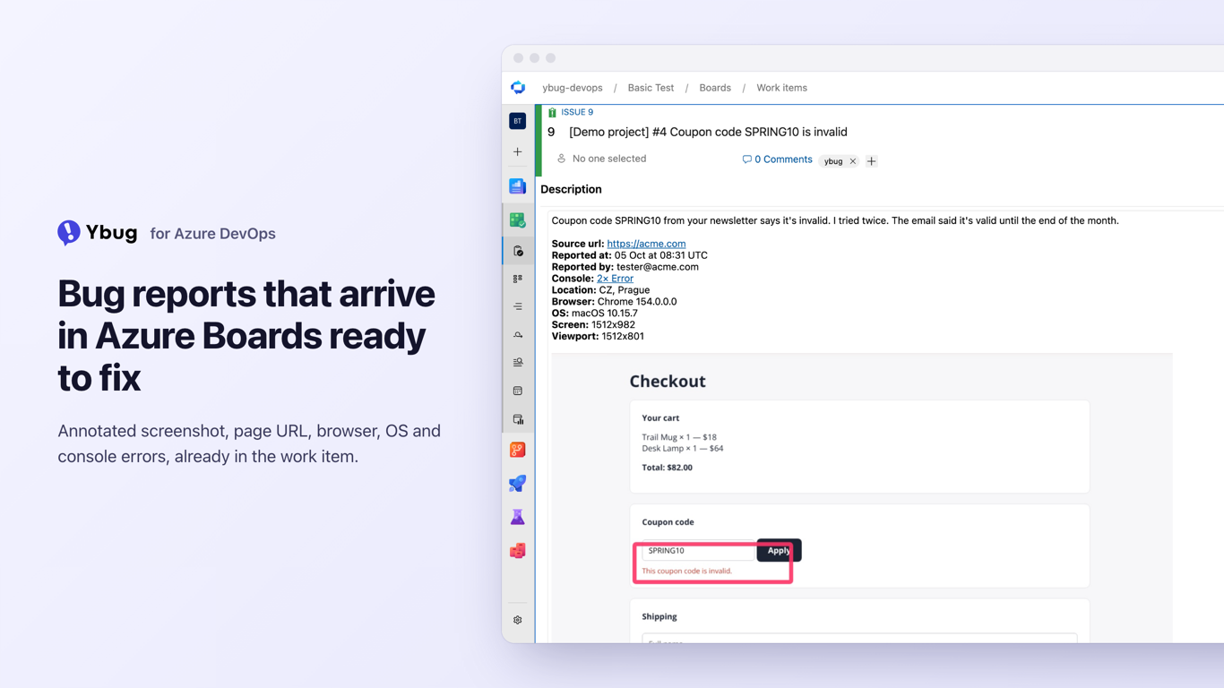A Bug work item created by Ybug in Azure Boards